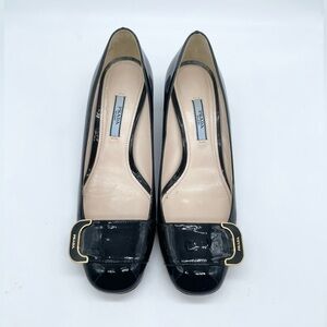 Prada Black Patent leather logo embellished block heel pumps EU37